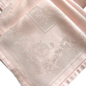 Damask Napkins Set 8 Pale Pink Floral Scroll Design Hemstitch 14.5 Inch Square